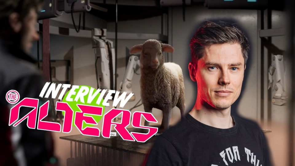 Jan looking at a Sheep in The Alters with Rafał Włosek's headshot from 11Bit studios