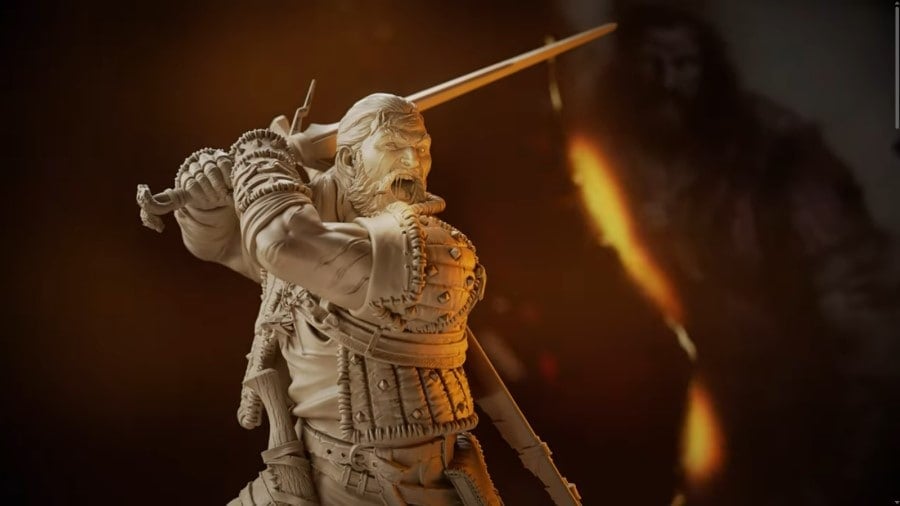 A gray miniature of an angry man with a sword on a dark background.