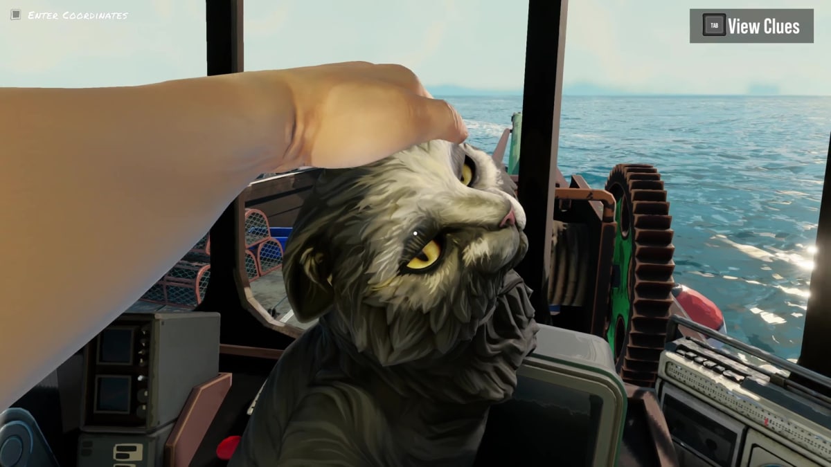 The player petting a cat in There Are No Ghosts at the Grand