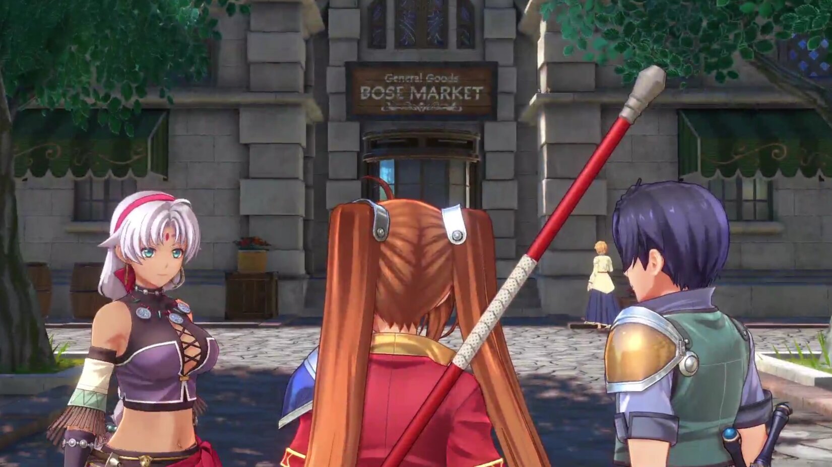 Trails in the Sky's Scherazard, Estelle and Joshua arriving in the City of Bose.