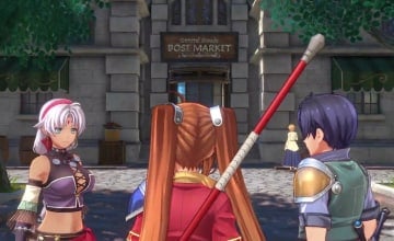 Trails in the Sky's Scherazard, Estelle and Joshua arriving in the City of Bose.