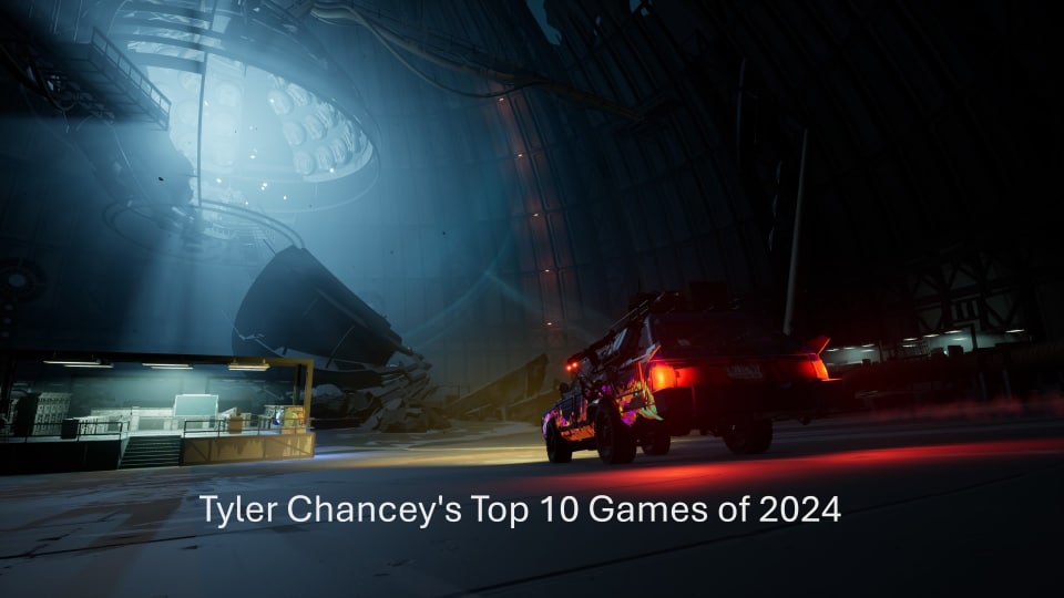 A station wagon driving through a gigantic abandoned scientific research facility. The text, "Tyler's Top 10 Games of 2024" is visible in white text.