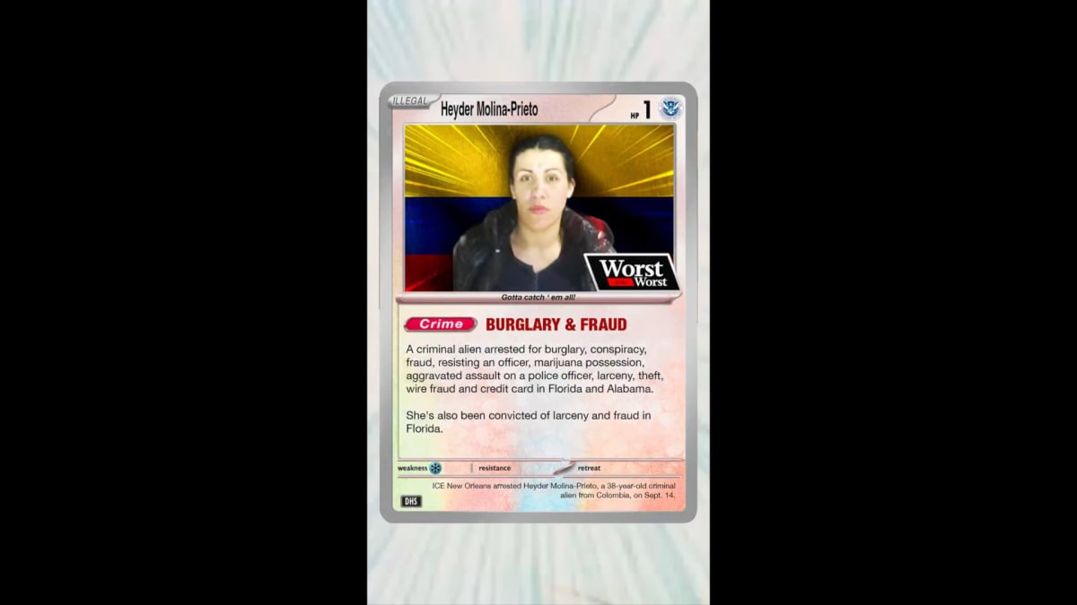 A card showing a picture of "criminal alien" Heyder Molina-Prieto in the new Department of Homeland Security Pokemon-themed video