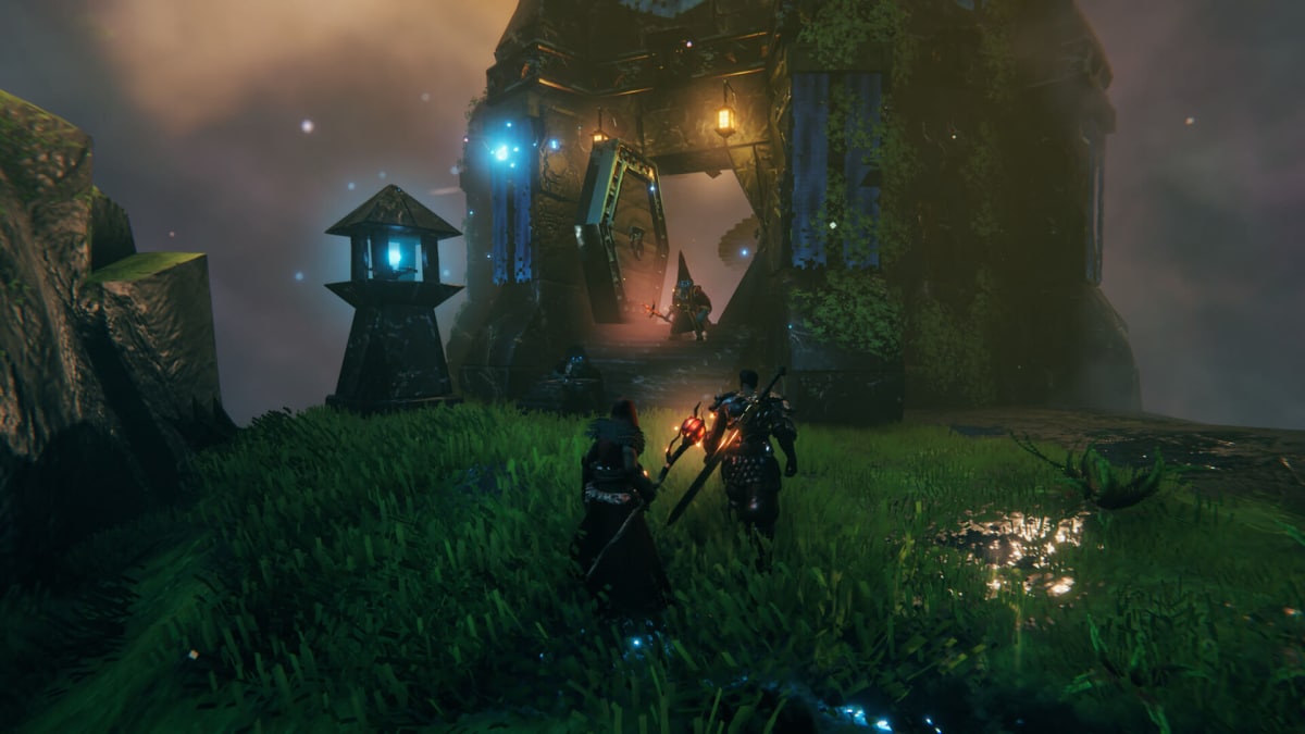 Players approaching a short figure in some sort of shrine in Valheim