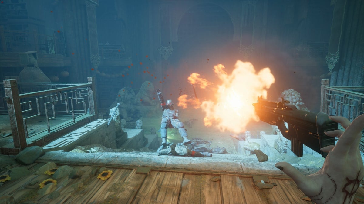The player shooting an enemy with a floating gun in Vampire: The Masquerade - Bloodlines 2