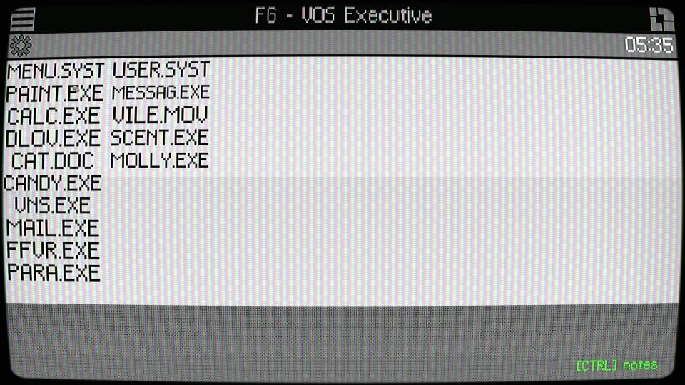 A view of the main operating system menu screen in Vile: Exhumed