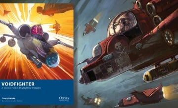 Header image for our Voidfighter Review featuring the game book and artwork of a space fighter pilot