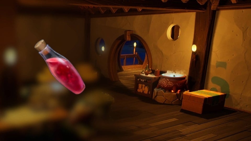 A Healing Potion Superimposed Over a Blurred Image of a House with an Alchemy Station in Voyagers of Nera