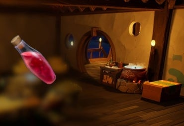 A Healing Potion Superimposed Over a Blurred Image of a House with an Alchemy Station in Voyagers of Nera