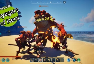 Fighting Deeplings on a Beach in The Reef in Voyagers of Nera with the Game Name in a Circle at the Top Left