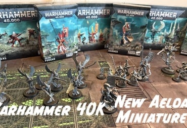 An image from our Warhammer 40K Aeldari Models Review featuring all of the new models lined up against their boxes with the text Warhammer 40K New Aeldari Models! overlaying the picture.