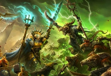 A fantasy battlefield with men in armor fighting giant armored humanoid rats.