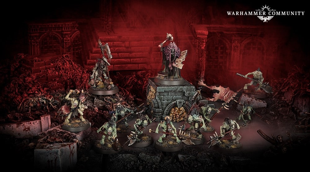 A screenshot of different undead miniatures on a battlefield of a mausoleum.
