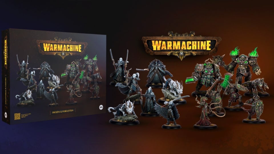 A Warmachine game box on a dark blue and dark red background. Several robot miniatures are in the front