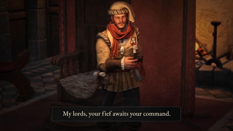 A character telling you that your fief is ready for your command in Wartales' new Contract: The Fief DLC
