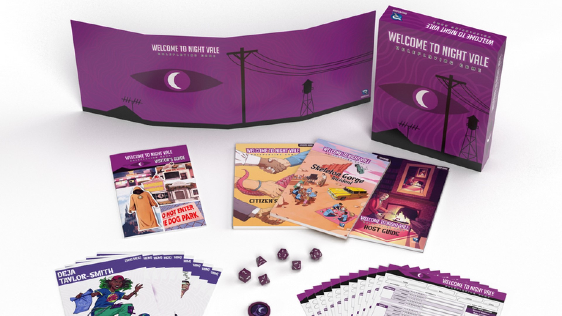 A purple GM screen, a set of dice, and a bunch of sheets and stands on a white background.