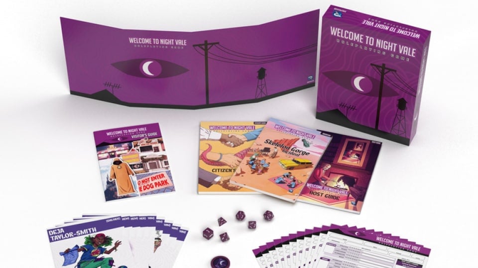 A purple GM screen, a set of dice, and a bunch of sheets and stands on a white background.