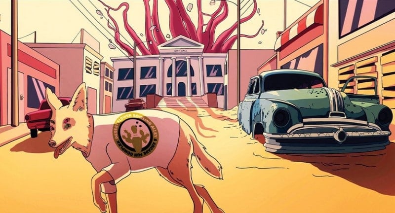 Animated artwork of a town street featuring a dog in a shirt, an old car missing its tires, and a giant mass of pink tentacles in the background.
