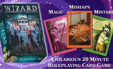 A banner showing the Wizard Community College game box and three images of wizard students getting into shenanigans.