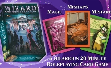 A banner showing the Wizard Community College game box and three images of wizard students getting into shenanigans.