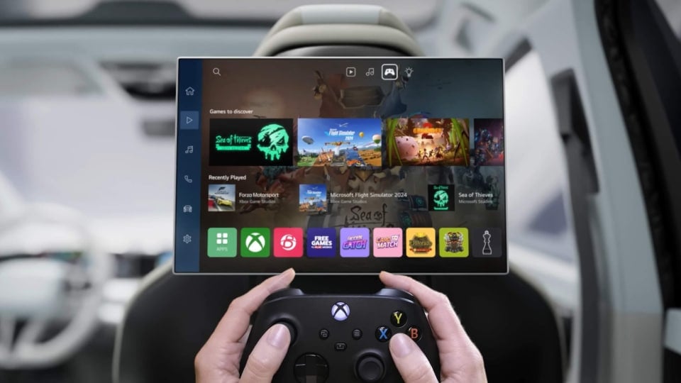 Someone browsing the Xbox library from the backseat of a car thanks to the new Xbox-LG partnership