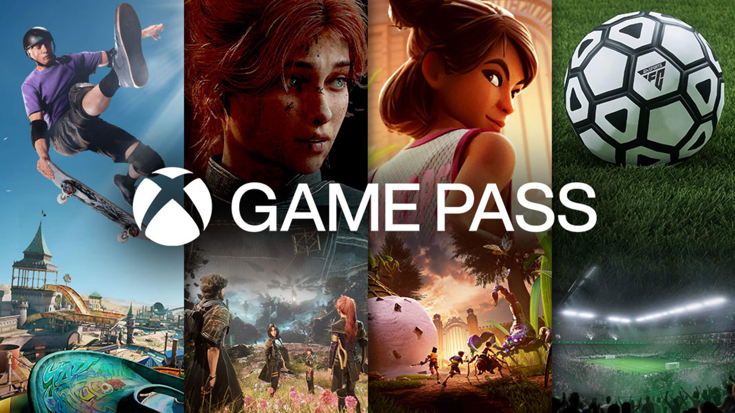 The Xbox Game Pass logo against a backdrop of some of the games available on the subscription service, including Grounded 2 and Clair Obscur: Expedition 33
