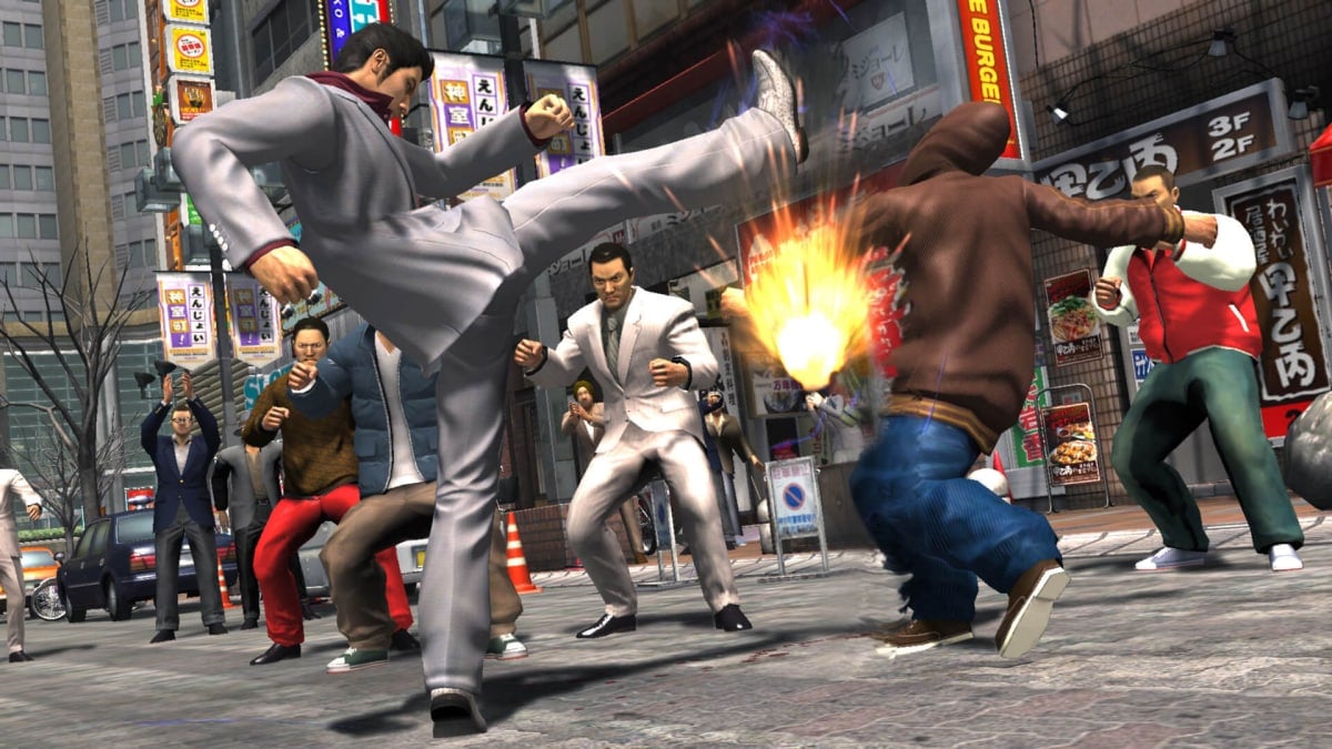 Kiryu kicking an enemy in Yakuza 3 Remastered