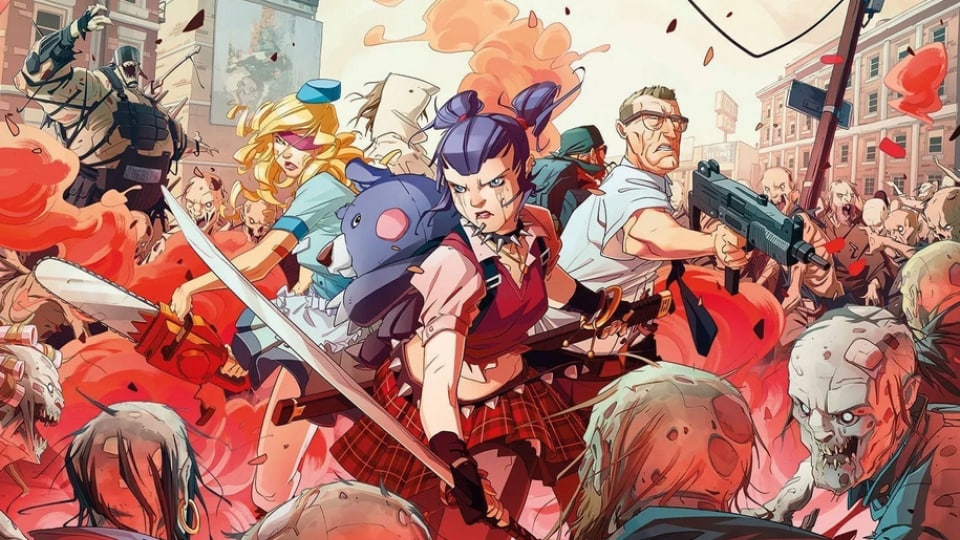A punk rock girl with a sword, an office worker with an uzi, and a flight attendent with a chainsaw fighting a horde of zombies.
