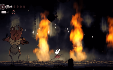 Hornet fighting The Last Judge with fire erupting around her.